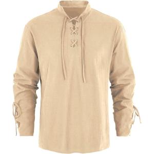 imageMens Medieval Pirate Shirt Steampunk Retro Renaissance Viking Long Sleeve Lace Up Mercenary Halloween Scottish TopsBeige