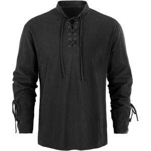 imageMens Medieval Pirate Shirt Steampunk Retro Renaissance Viking Long Sleeve Lace Up Mercenary Halloween Scottish TopsBlack