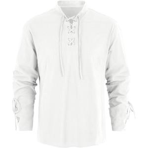 imageMens Medieval Pirate Shirt Steampunk Retro Renaissance Viking Long Sleeve Lace Up Mercenary Halloween Scottish TopsWhite