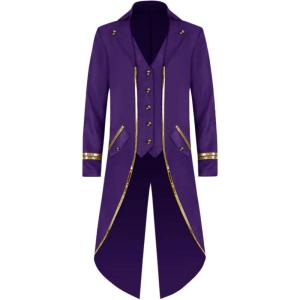 imageRuncati Mens Steampunk Victorian Jacket Gothic Tailcoat Costume Vintage Tuxedo Viking Renaissance Pirate Halloween CoatsPurplex
