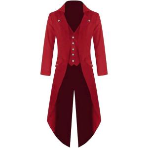 imageRuncati Mens Steampunk Victorian Jacket Gothic Tailcoat Costume Vintage Tuxedo Viking Renaissance Pirate Halloween CoatsRed