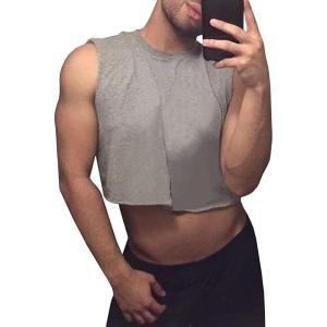 imageMens Workout Cropped Tank Top Plain Vest Lightweight Basic Sleeveless Crop Tops Hot ShirtsGray
