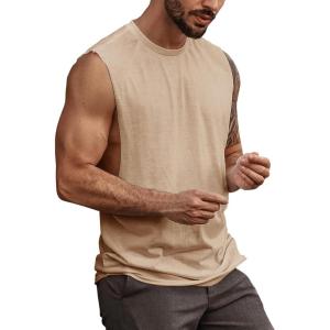 imageMens Workout Cut Off Shirts Perfect Muscle Shirt Bodybuilding Tak Tops Sleeveless Gym T ShirtsKhaki