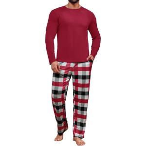imageRuncati Mens 2 Piece Pajama Set Plaid Sleepwear PJ Relaxed Fit Stretch Lounge Nightwear SetsRed
