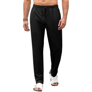 imageRuncati Mens Beach Elastic Waist Pants Casual Lightweight Drawstring Lounge Summer Yoga TrousersBlack
