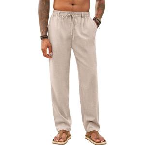 imageRuncati Mens Casual Pants Linen Elastic Waist Drawstring Lightweight Pants Loose Fit Summer Beach Yoga TrouserApricot