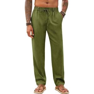 imageRuncati Mens Casual Pants Linen Elastic Waist Drawstring Lightweight Pants Loose Fit Summer Beach Yoga TrouserArmy Green