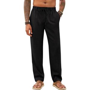 imageRuncati Mens Casual Pants Linen Elastic Waist Drawstring Lightweight Pants Loose Fit Summer Beach Yoga TrouserBlack