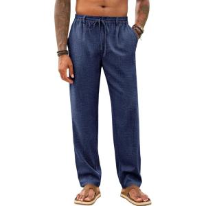 imageRuncati Mens Casual Pants Linen Elastic Waist Drawstring Lightweight Pants Loose Fit Summer Beach Yoga TrouserDark Blue
