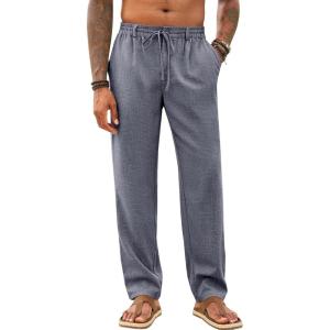 imageRuncati Mens Casual Pants Linen Elastic Waist Drawstring Lightweight Pants Loose Fit Summer Beach Yoga TrouserDark Grey