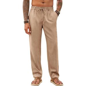 imageRuncati Mens Casual Pants Linen Elastic Waist Drawstring Lightweight Pants Loose Fit Summer Beach Yoga TrouserLight Brown