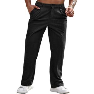imageRuncati Mens Corduroy Pants Elastic Waist Straight Leg Casual Pleated Pants with PocketsBlack