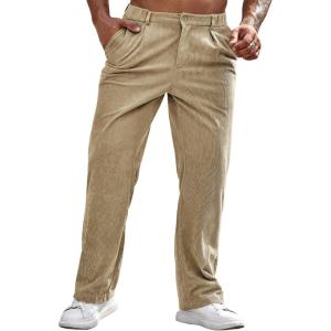 imageRuncati Mens Corduroy Pants Elastic Waist Straight Leg Casual Pleated Pants with PocketsKhaki