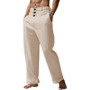 imageRuncati Mens Cotton Linen Pants Elastic Waist Casual Lightweight Loose Fit Beach Yoga PantsBeige