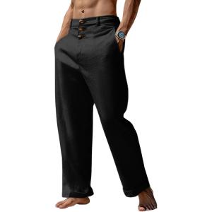 imageRuncati Mens Cotton Linen Pants Elastic Waist Casual Lightweight Loose Fit Beach Yoga PantsBlack