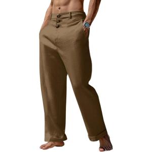 imageRuncati Mens Cotton Linen Pants Elastic Waist Casual Lightweight Loose Fit Beach Yoga PantsBrown