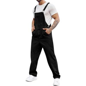 imageRuncati Mens Denim Bib Overalls Jeans Fashion Boot Cut Trousers Casual Slim Fit Adjustable Straps JumpsuitAblack