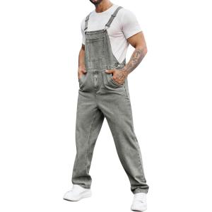 imageRuncati Mens Denim Bib Overalls Jeans Fashion Boot Cut Trousers Casual Slim Fit Adjustable Straps JumpsuitAgrey