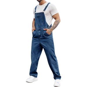 imageRuncati Mens Denim Bib Overalls Jeans Fashion Boot Cut Trousers Casual Slim Fit Adjustable Straps JumpsuitAnavy Blue