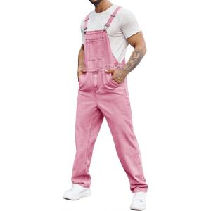 imageRuncati Mens Denim Bib Overalls Jeans Fashion Boot Cut Trousers Casual Slim Fit Adjustable Straps JumpsuitApink