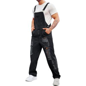 imageRuncati Mens Denim Bib Overalls Jeans Fashion Boot Cut Trousers Casual Slim Fit Adjustable Straps JumpsuitBblack