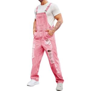 imageRuncati Mens Denim Bib Overalls Jeans Fashion Boot Cut Trousers Casual Slim Fit Adjustable Straps JumpsuitBpink