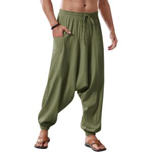 imageRuncati Mens Harem Pants Baggy Hippie Casual Cotton Linen Loose Boho Yoga Beach Drop Crotch TrouserArmy Green