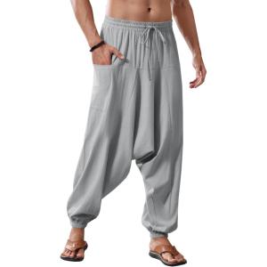 imageRuncati Mens Harem Pants Baggy Hippie Casual Cotton Linen Loose Boho Yoga Beach Drop Crotch TrouserGrey