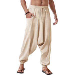 imageRuncati Mens Harem Pants Baggy Hippie Casual Cotton Linen Loose Boho Yoga Beach Drop Crotch TrouserKhaki