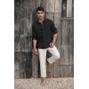 imageMens Button Down Shirt Linen Cotton Shirts Casual Long Sleeve Spread Collar Lightweight Beach Plain Tops01 Black