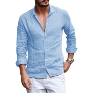 imageMens Button Down Shirt Linen Cotton Shirts Casual Long Sleeve Spread Collar Lightweight Beach Plain Tops01 Sky Blue