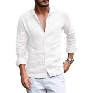 imageMens Button Down Shirt Linen Cotton Shirts Casual Long Sleeve Spread Collar Lightweight Beach Plain Tops01 White