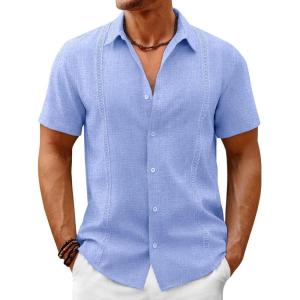 imageRuncati Mens Button Down Guayabera Shirts Short Sleeve Cuban Casual Summer Linen Shirt Beach Mexican Hippie Wedding TopsBaby Blue