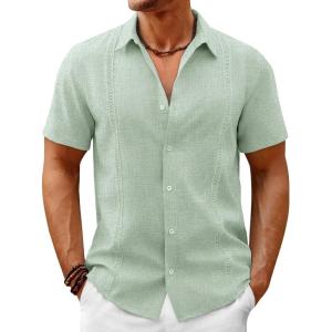imageRuncati Mens Button Down Guayabera Shirts Short Sleeve Cuban Casual Summer Linen Shirt Beach Mexican Hippie Wedding TopsOlive Green