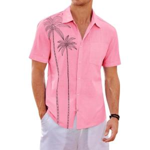 imageRuncati Mens Hawaiian Shirt Short Sleeve Button Down Summer Beach Vacation Cotton Linen ShirtsPink