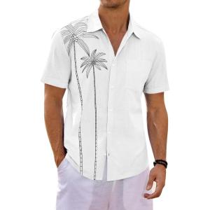 imageRuncati Mens Hawaiian Shirt Short Sleeve Button Down Summer Beach Vacation Cotton Linen ShirtsWhite