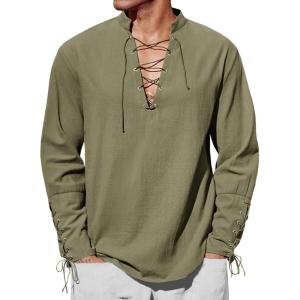 imageRuncati Mens Medieval Pirate Shirt Steampunk Renaissance Viking Retro Long Sleeve Lace Up Mercenary Halloween Costume TopsArmy Green