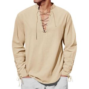 imageRuncati Mens Medieval Pirate Shirt Steampunk Renaissance Viking Retro Long Sleeve Lace Up Mercenary Halloween Costume TopsBeige