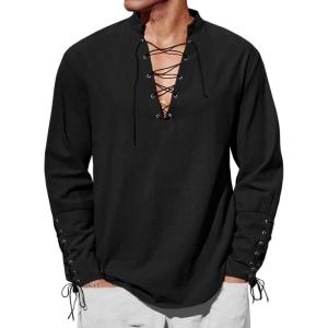 imageRuncati Mens Medieval Pirate Shirt Steampunk Renaissance Viking Retro Long Sleeve Lace Up Mercenary Halloween Costume TopsBlack