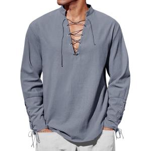 imageRuncati Mens Medieval Pirate Shirt Steampunk Renaissance Viking Retro Long Sleeve Lace Up Mercenary Halloween Costume TopsGray