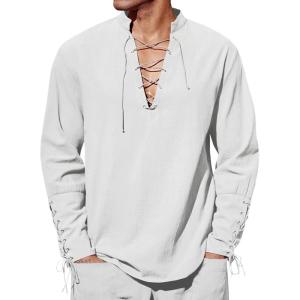 imageRuncati Mens Medieval Pirate Shirt Steampunk Renaissance Viking Retro Long Sleeve Lace Up Mercenary Halloween Costume TopsWhite