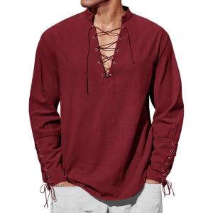 imageRuncati Mens Medieval Pirate Shirt Steampunk Renaissance Viking Retro Long Sleeve Lace Up Mercenary Halloween Costume TopsWine Red