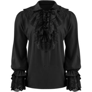 imageRuncati Mens Pirate Shirt Ruffle Renaissance Victorian Vampire Poet Shirts Steampunk Gothic Medieval Lace CostumeBlack