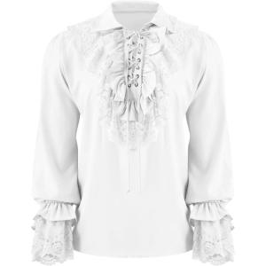 imageRuncati Mens Pirate Shirt Ruffle Renaissance Victorian Vampire Poet Shirts Steampunk Gothic Medieval Lace CostumeWhite