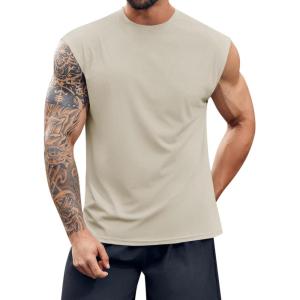 imageRuncati Mens Workout Tank Top Sleeveless Shirt Quick Dry Muscle Gym Bodybuilding Fitness Training T ShirtsKhaki