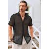 imageRuncati Mens Button Down Knit Shirt Short Sleeve Crochet Shirts Casual Hollow Out Summer Beach Vacation TopsBlack