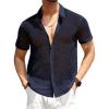 imageRuncati Mens Button Down Knit Shirt Short Sleeve Crochet Shirts Casual Hollow Out Summer Beach Vacation TopsNavy