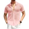 imageRuncati Mens Button Down Knit Shirt Short Sleeve Crochet Shirts Casual Hollow Out Summer Beach Vacation TopsPink