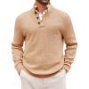 imageRuncati Mens Stand Collar Pullover Sweater Waffle Knitted Quarter Button Casual Ribbed Henley SweatersKhaki