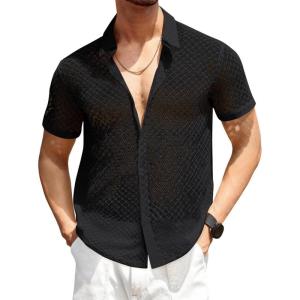 imageRuncati Mens Button Down Knit Shirt Short Sleeve Crochet Shirts Casual Hollow Out Summer Beach Vacation TopsBlack